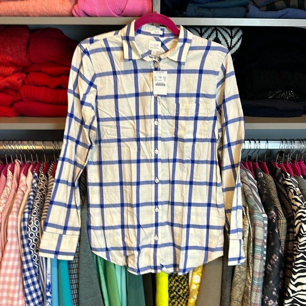 J Crew white/blue plaid boy fit button down long sleeve shirt size XS NWT